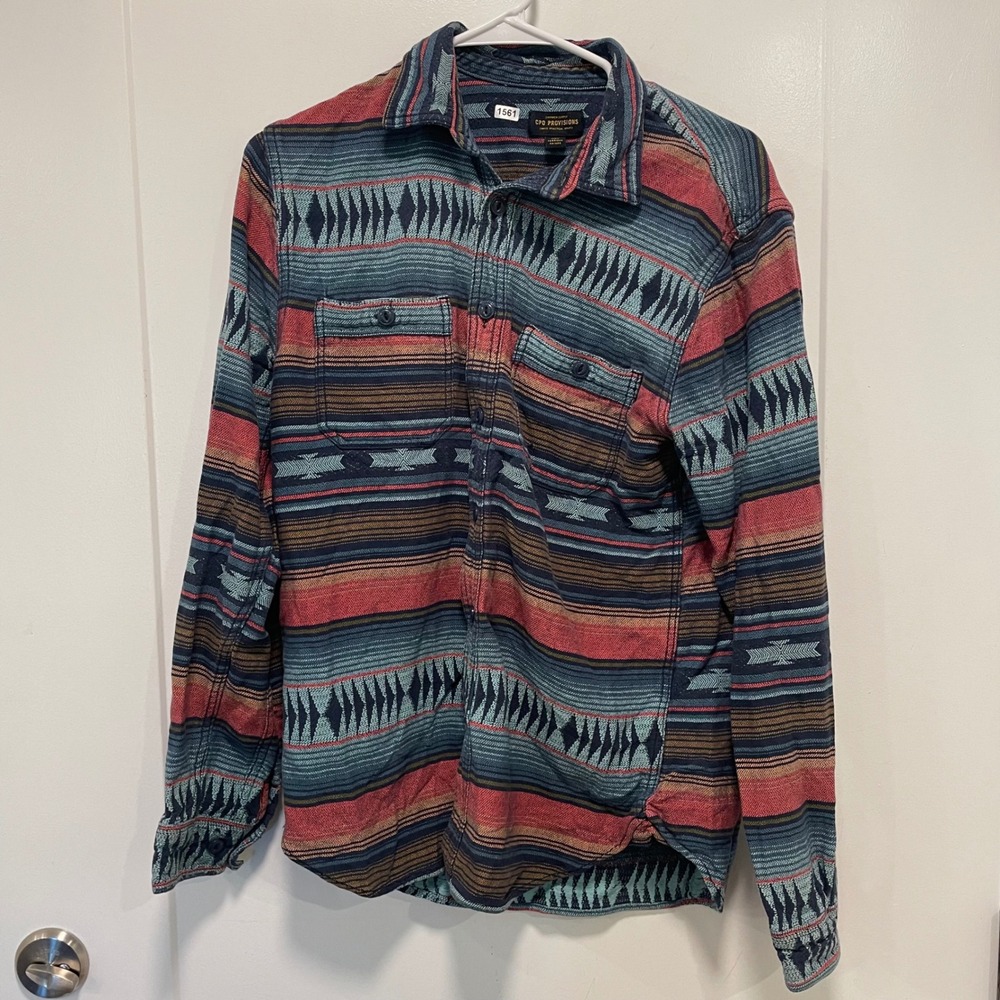 CPO Provisions Mens Small Blue Red Southwestern Geometric Cotton Flannel Shirt